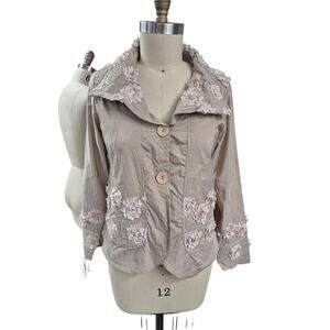 Vtg Damee Inc 3D Beige on Beige Embroidered Flowers Jacket Sz L  Art to Wear